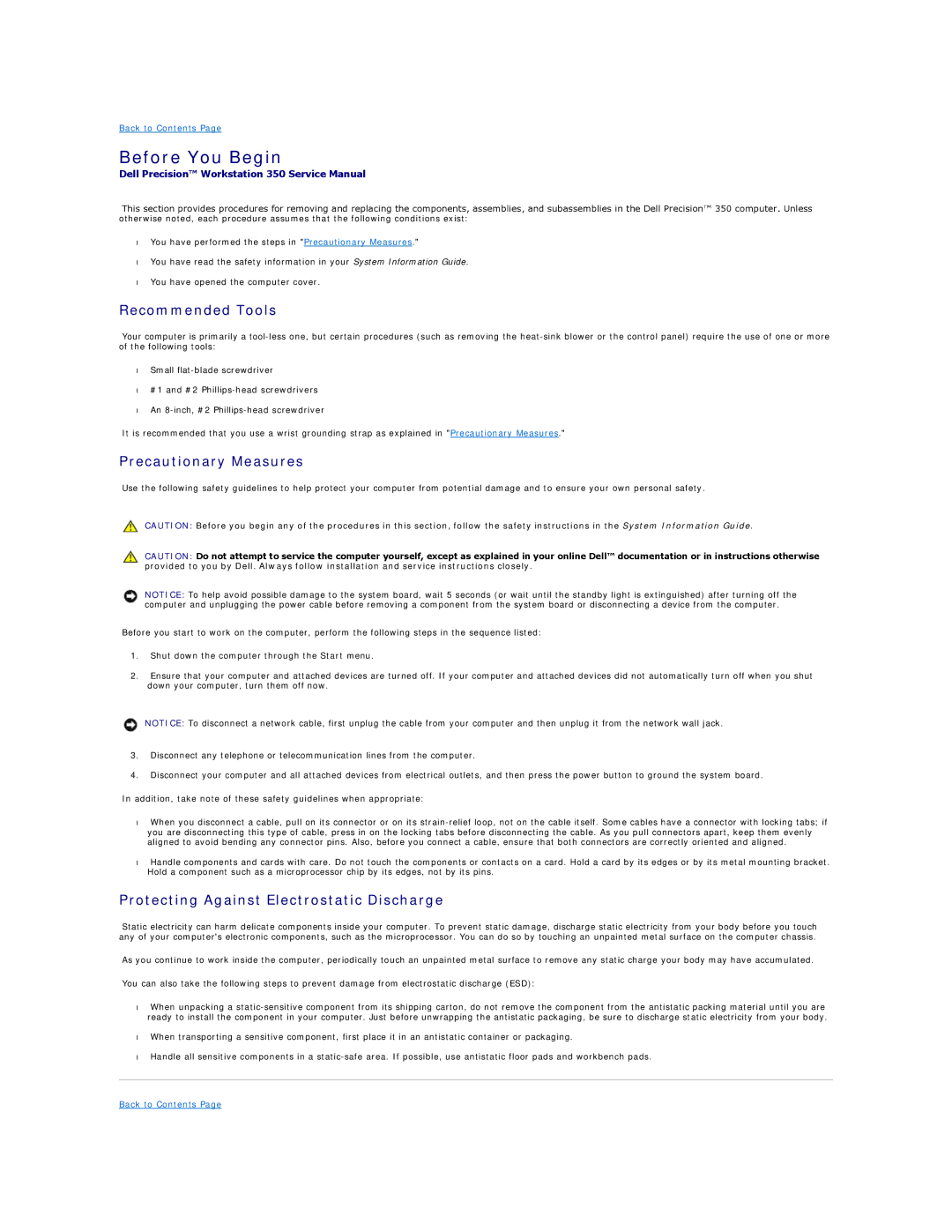 Dell 350 manual Before You Begin, Recommended Tools, Precautionary Measures, Protecting Against Electrostatic Discharge 