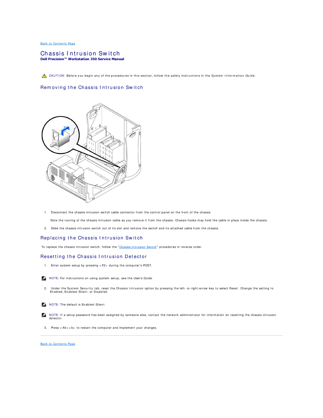Dell 350 manual Removing the Chassis Intrusion Switch, Replacing the Chassis Intrusion Switch 