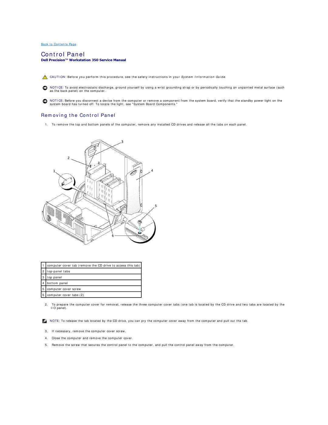 Dell 350 manual Removing the Control Panel 