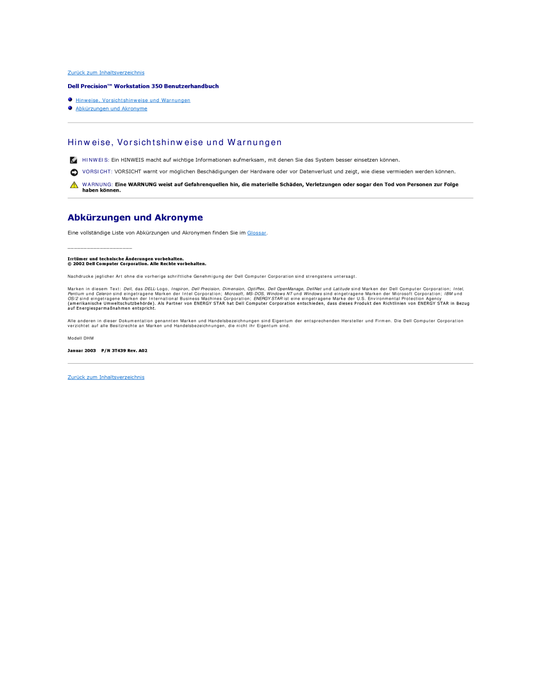 Dell 350 manual Hinweise, Vorsichtshinweise und Warnungen, Abkürzungen und Akronyme, Zurück zum Inhaltsverzeichnis 