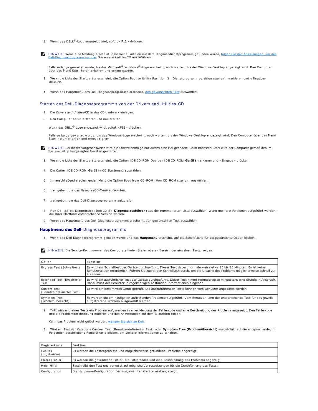 Dell 350 manual Hauptmenü des Dell-Diagnoseprogramms, Option, Funktion, Registerkarte 