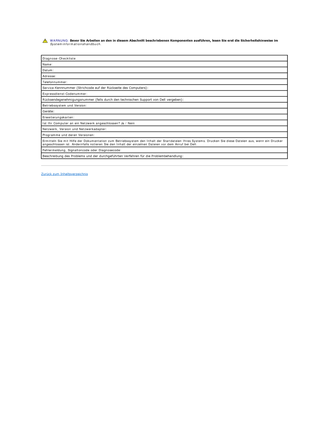 Dell 350 manual Diagnose-Checkliste, Zurück zum Inhaltsverzeichnis 