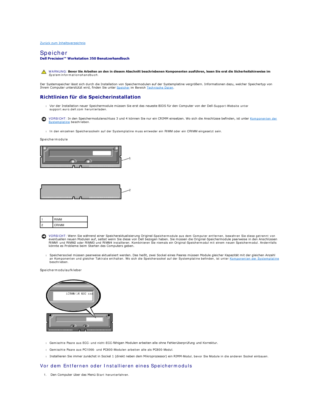 Dell manual Richtlinien für die Speicherinstallation, Dell Precision Workstation 350 Benutzerhandbuch 