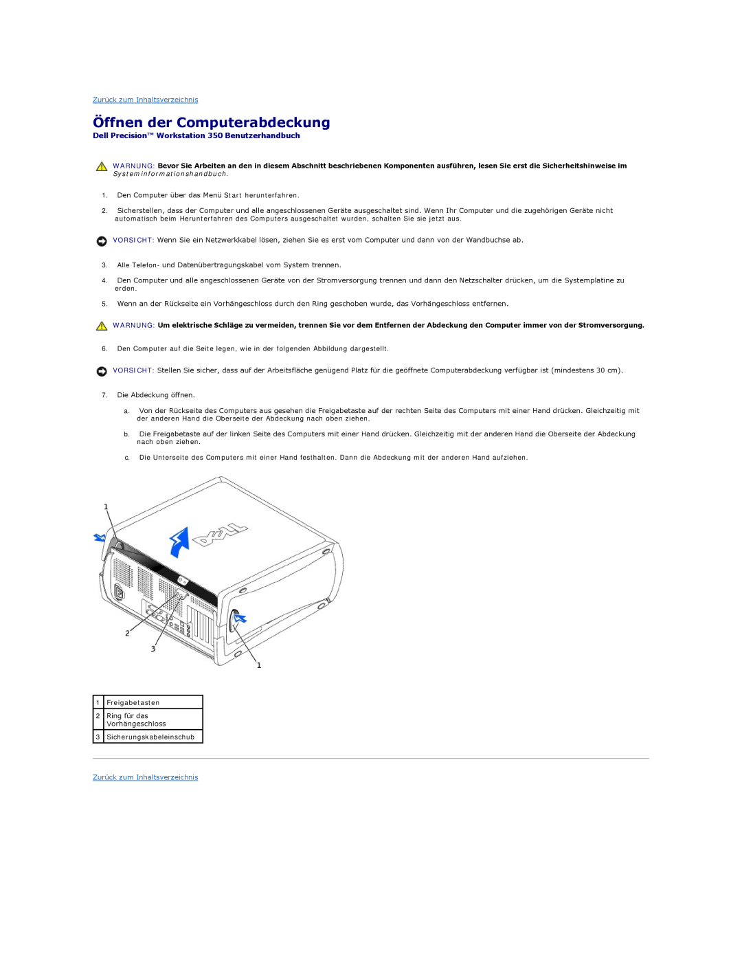 Dell manual Öffnen der Computerabdeckung, Dell Precision Workstation 350 Benutzerhandbuch, Zurück zum Inhaltsverzeichnis 