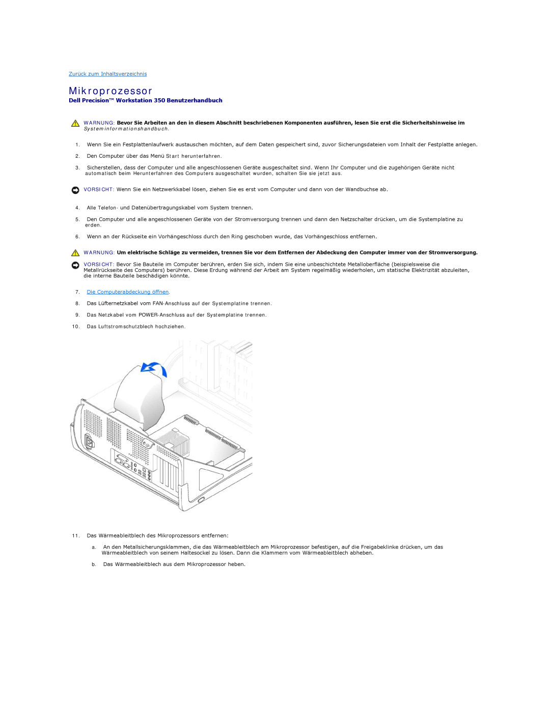 Dell manual Mikroprozessor, Dell Precision Workstation 350 Benutzerhandbuch, Zurück zum Inhaltsverzeichnis 