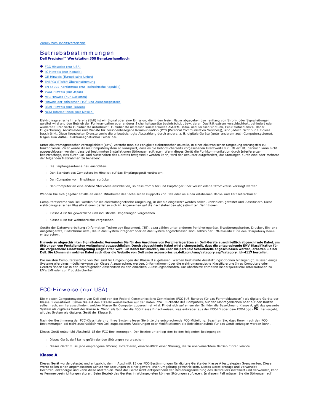 Dell manual Betriebsbestimmungen, FCC-Hinweisenur USA, Klasse A, Dell Precision Workstation 350 Benutzerhandbuch 