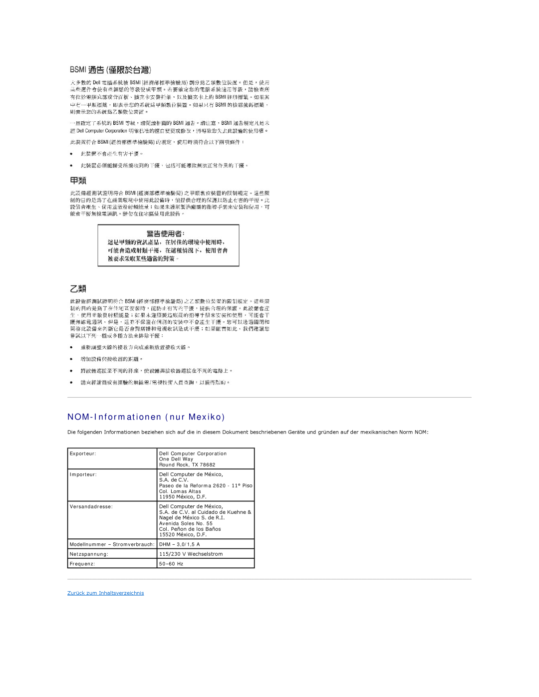 Dell 350 manual NOM-Informationennur Mexiko, Zurück zum Inhaltsverzeichnis 