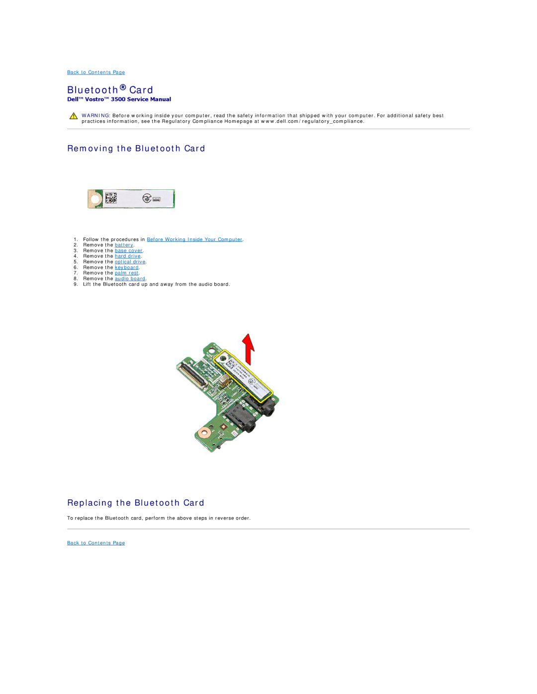 Dell 3500 specifications Removing the Bluetooth Card, Replacing the Bluetooth Card 