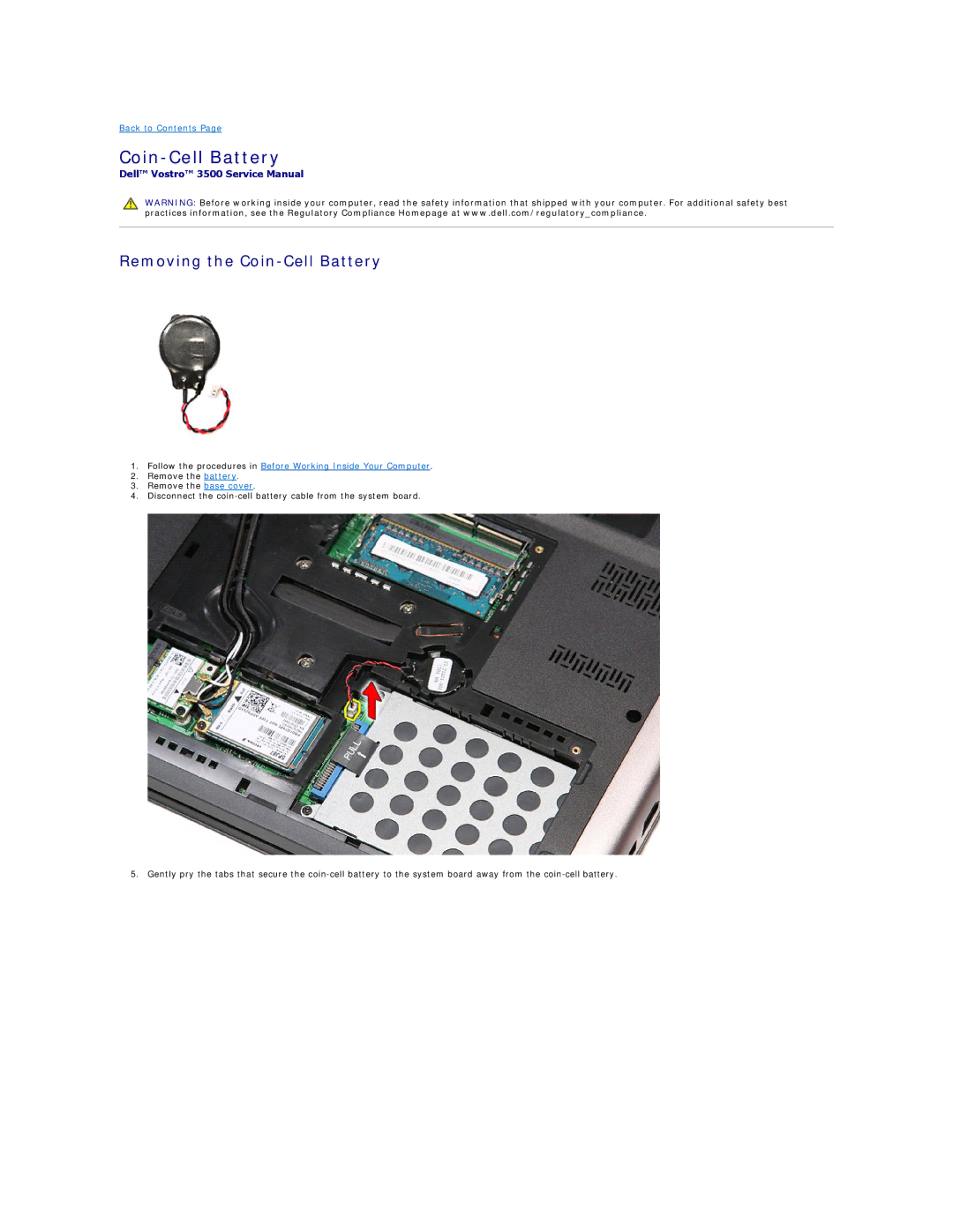 Dell 3500 specifications Removing the Coin-Cell Battery 