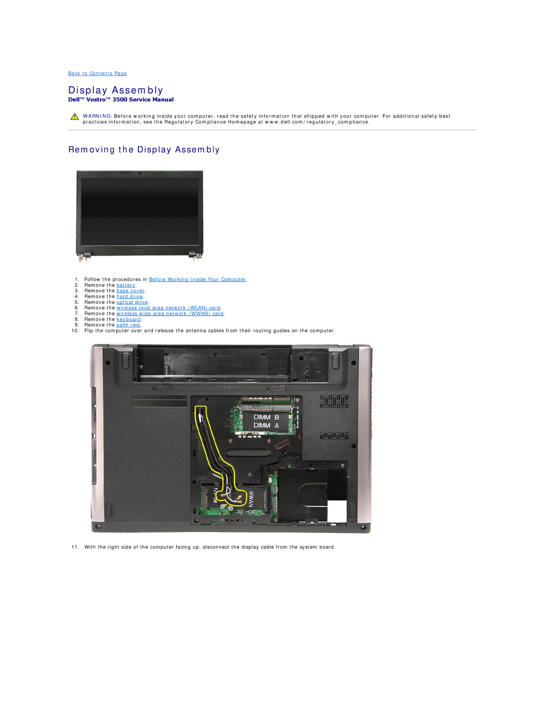 Dell 3500 specifications Removing the Display Assembly 