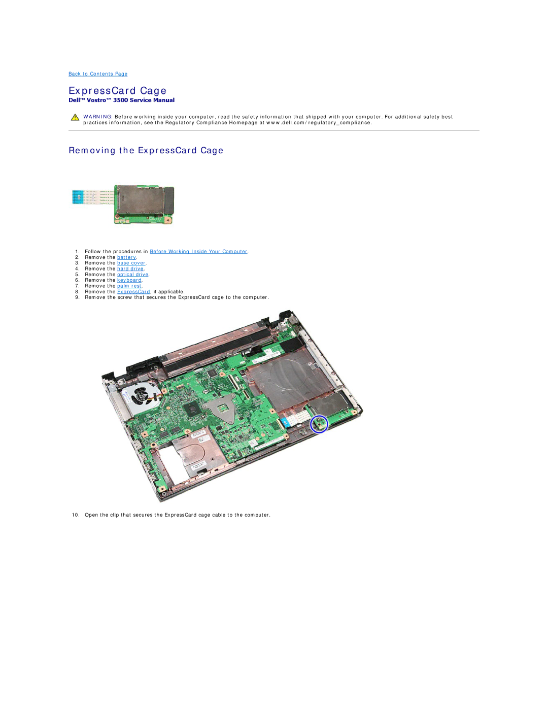 Dell 3500 specifications Removing the ExpressCard Cage 