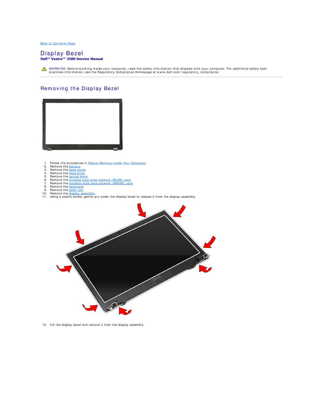 Dell 3500 specifications Removing the Display Bezel 