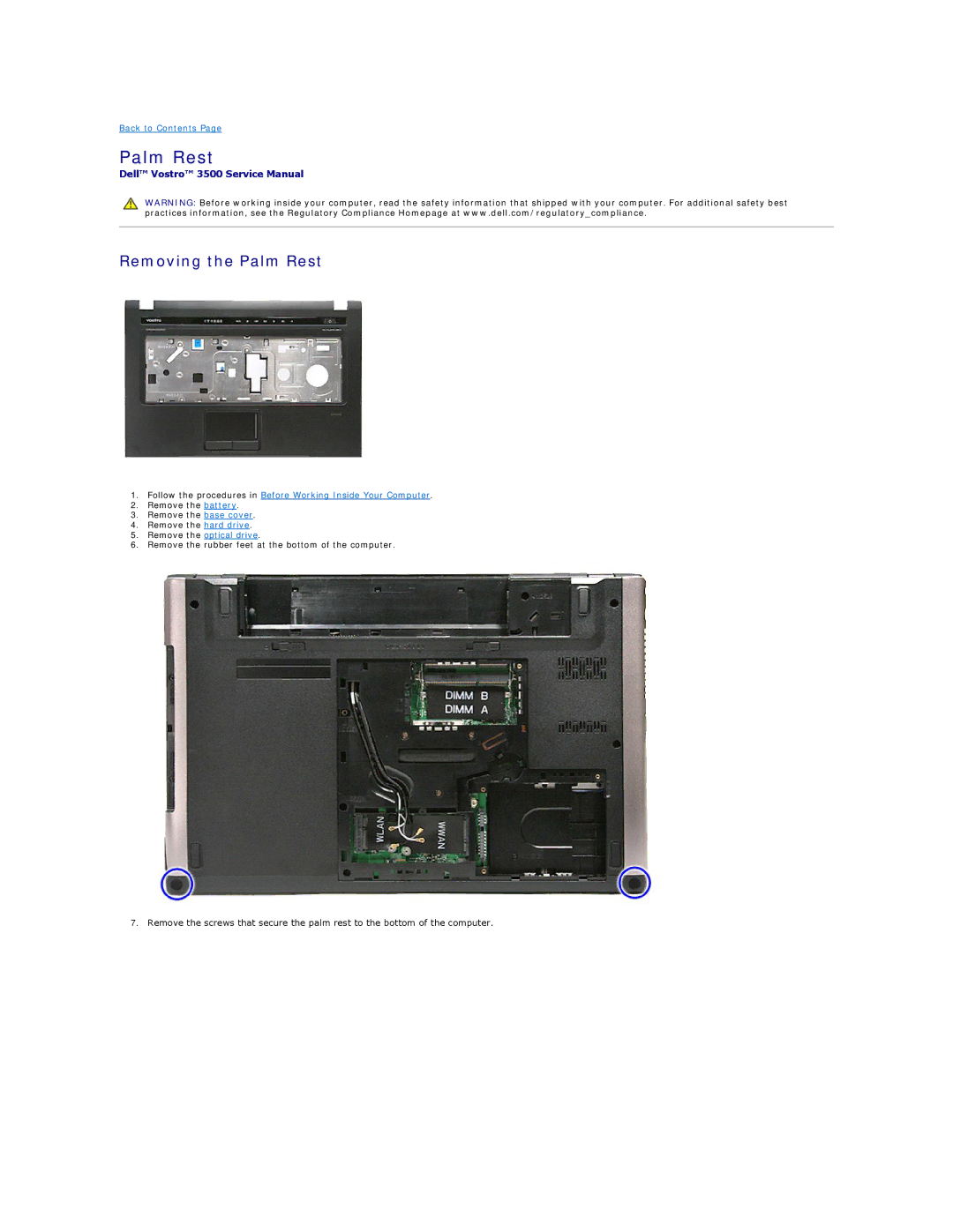 Dell 3500 specifications Removing the Palm Rest 