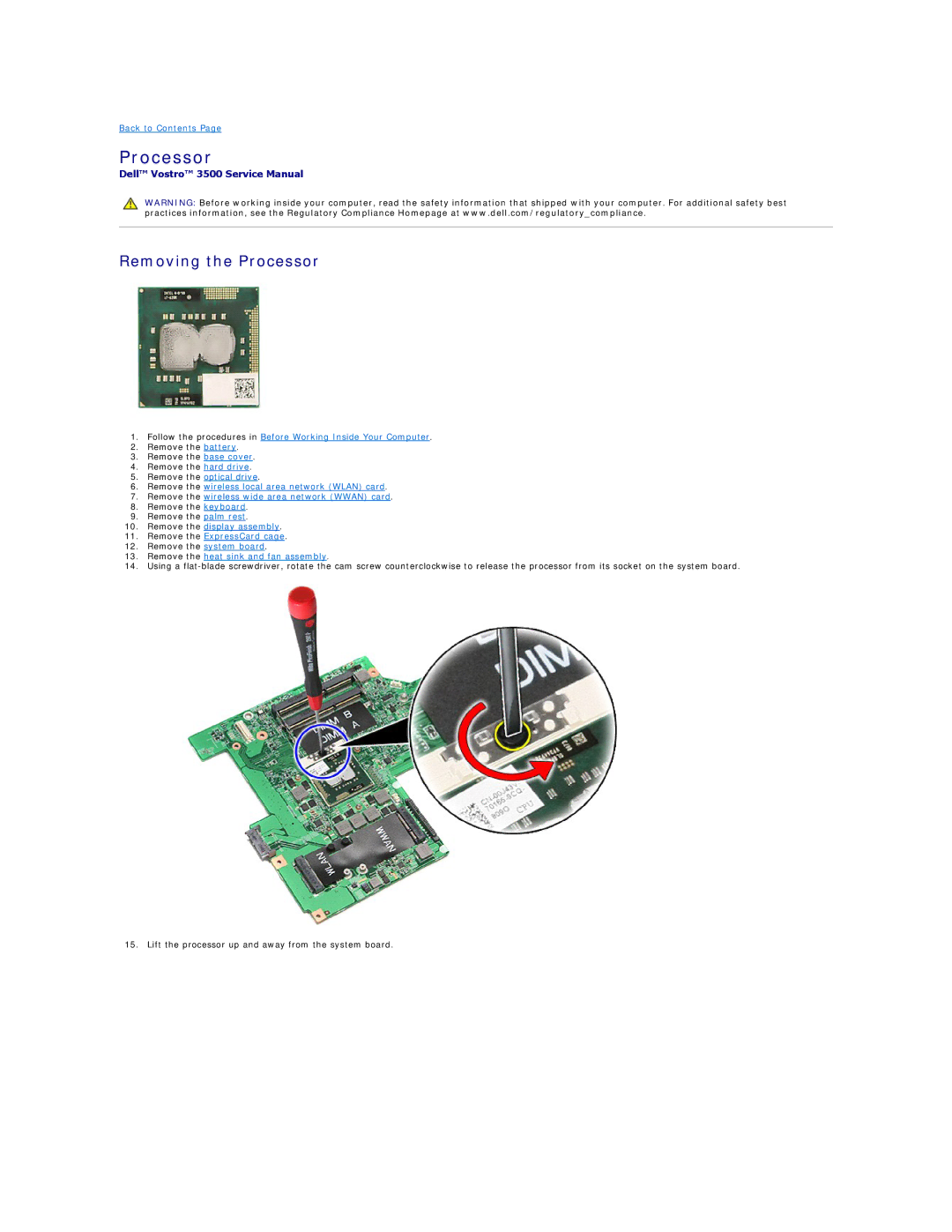 Dell 3500 specifications Removing the Processor 