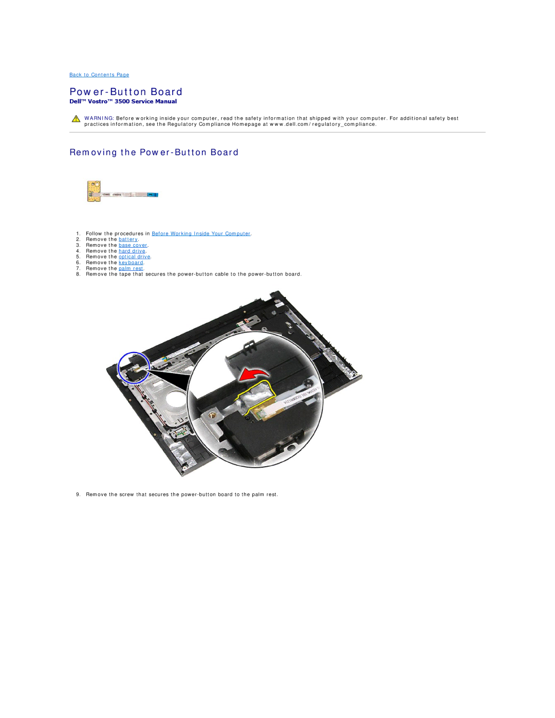 Dell 3500 specifications Removing the Power-Button Board 