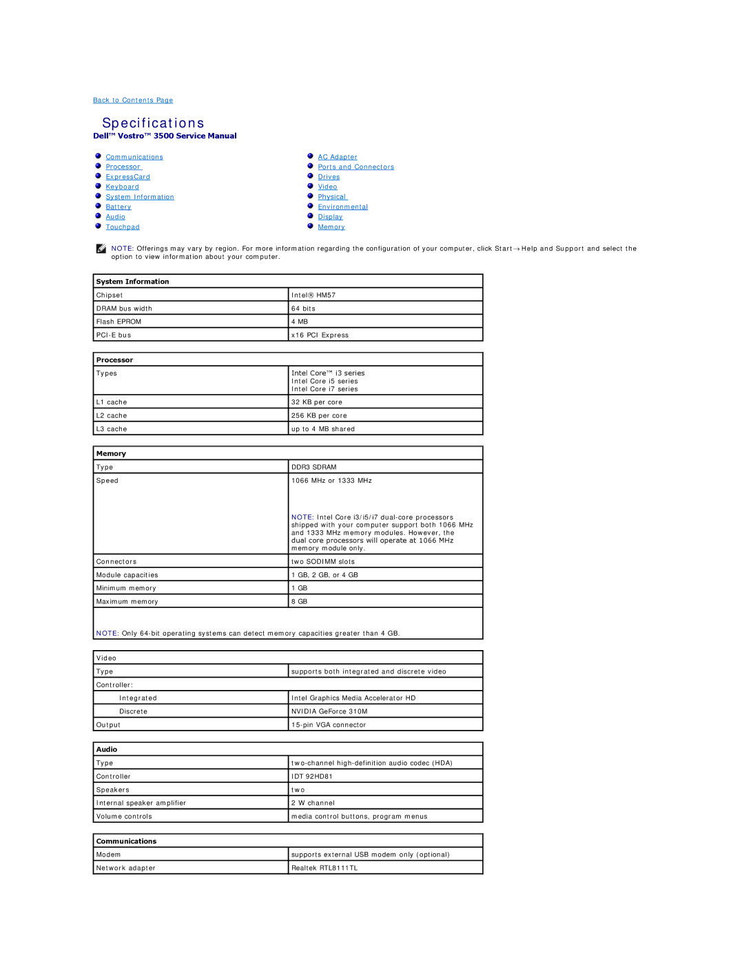 Dell 3500 specifications Specifications 