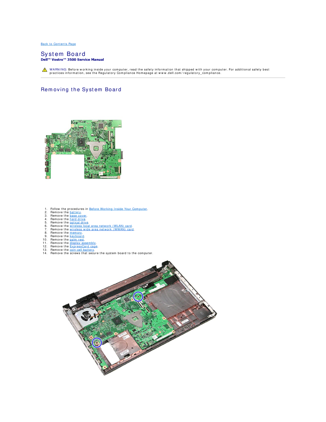 Dell 3500 specifications Removing the System Board 