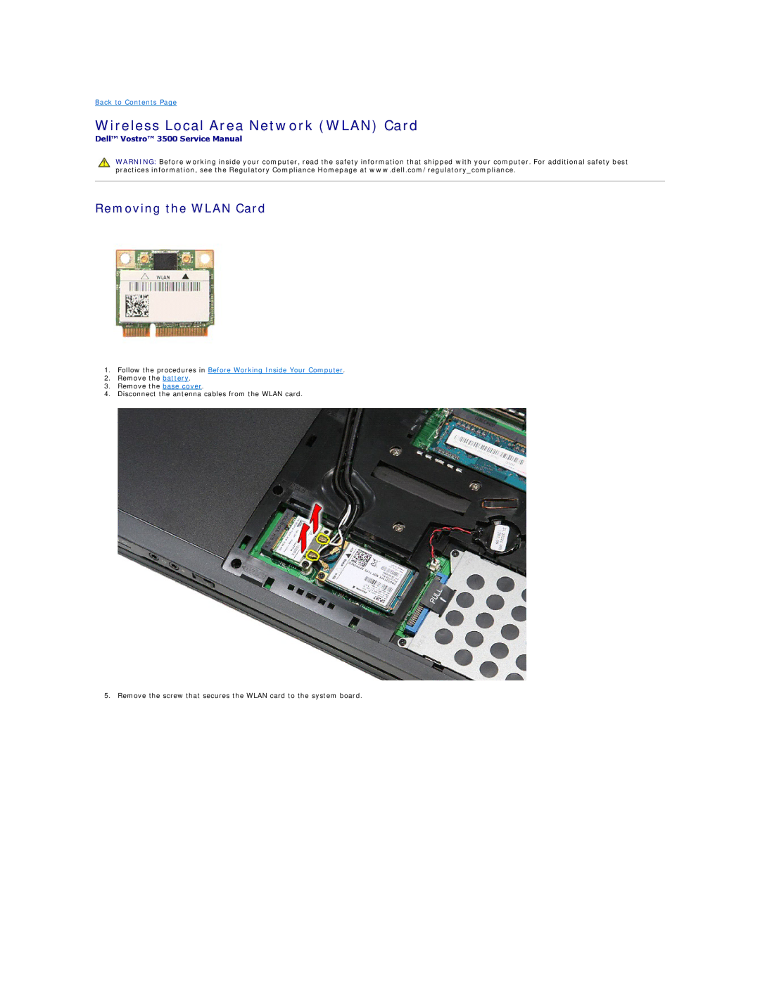 Dell 3500 specifications Wireless Local Area Network Wlan Card, Removing the Wlan Card 