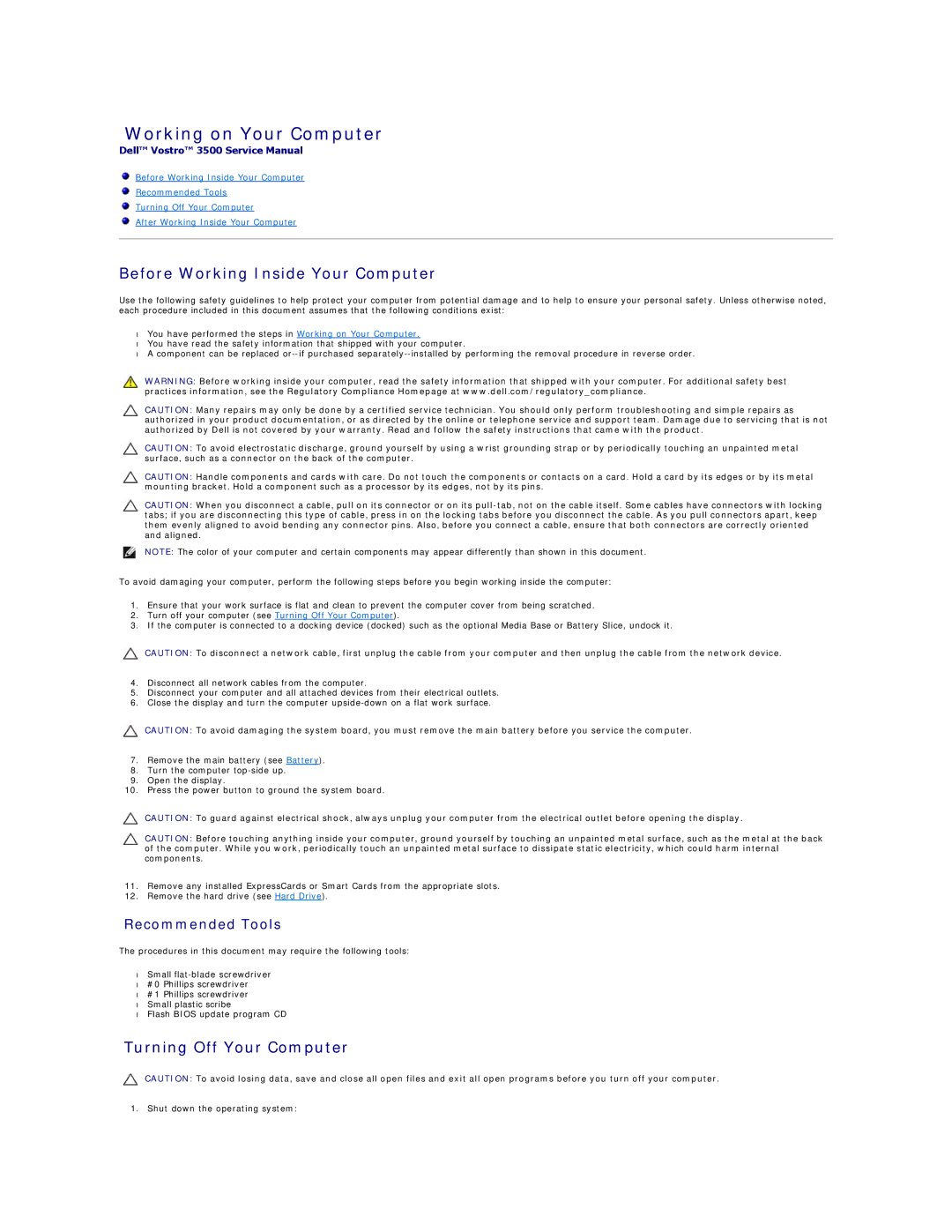 Dell 3500 specifications Working on Your Computer, Before Working Inside Your Computer, Turning Off Your Computer 