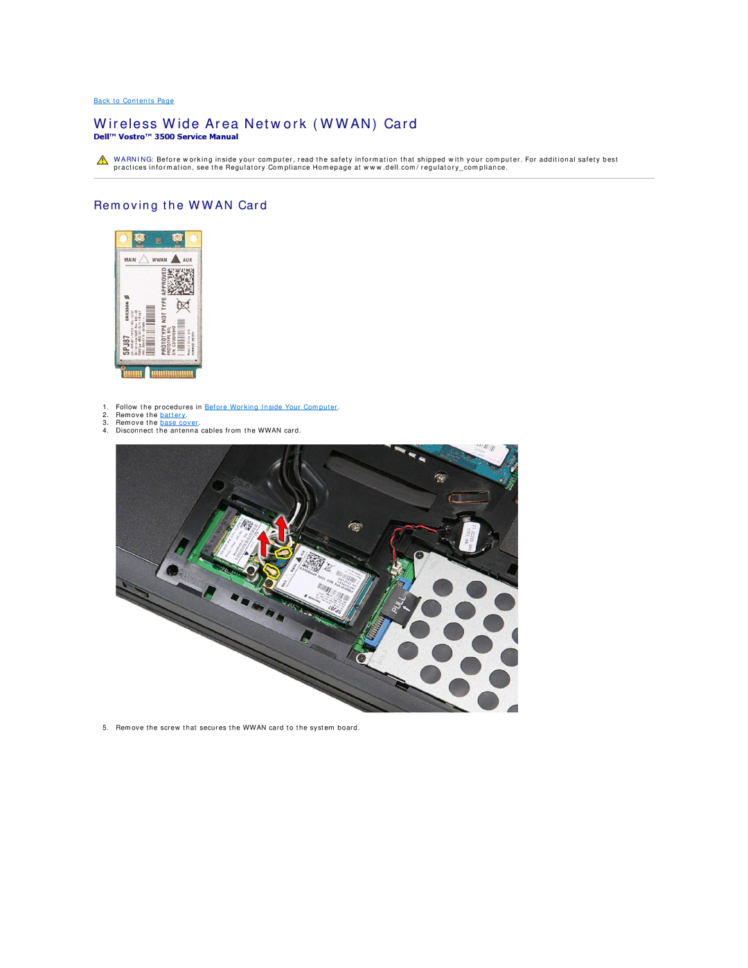 Dell 3500 specifications Wireless Wide Area Network Wwan Card, Removing the Wwan Card 