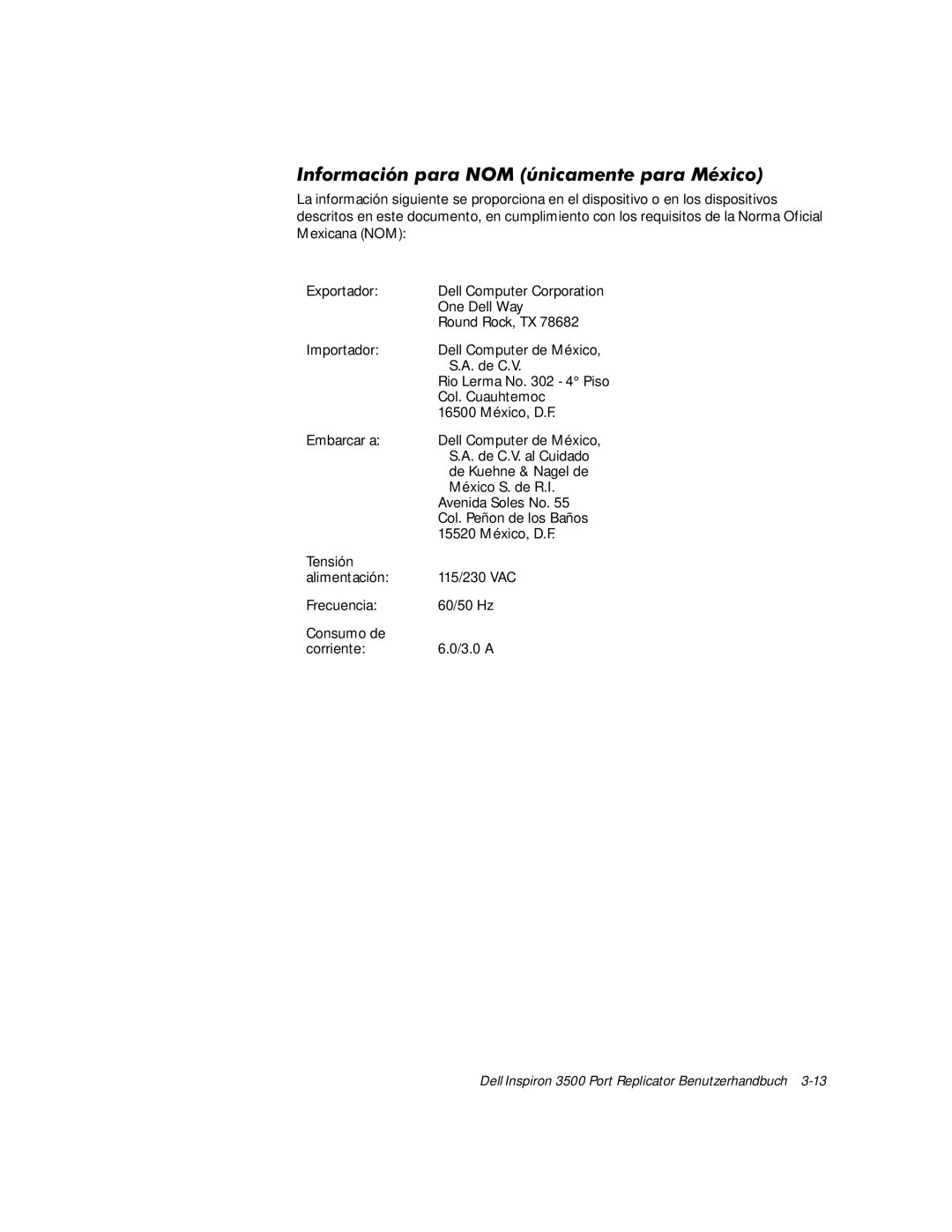 Dell 3500 manual Importador Dell Computer de México De C.V 