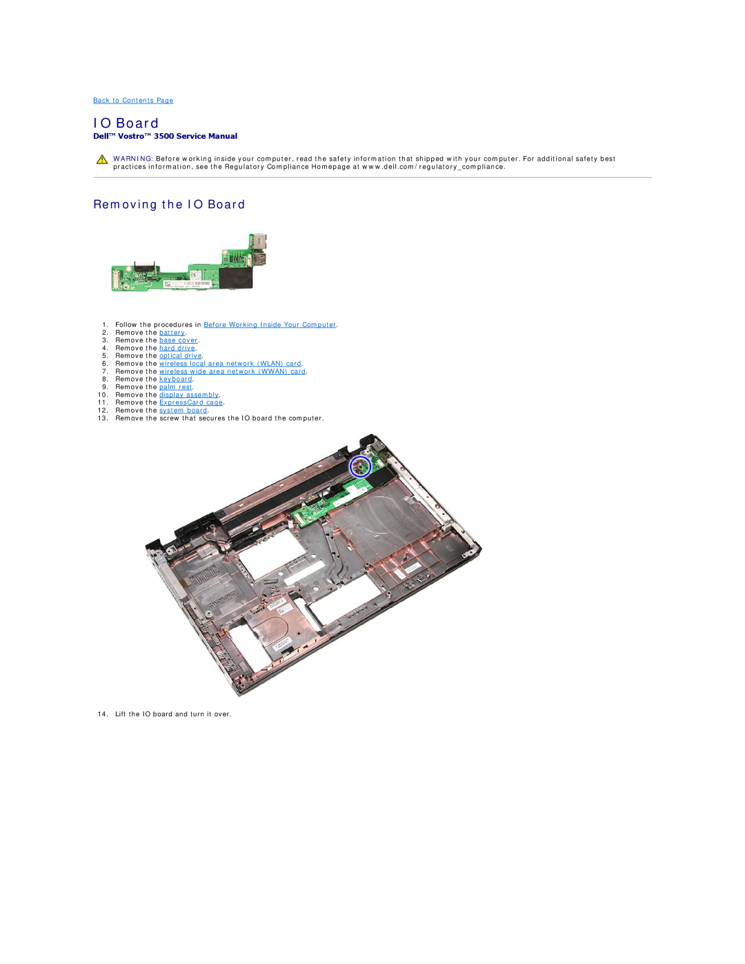 Dell specifications Removing the IO Board, Dell Vostro 3500 Service Manual 