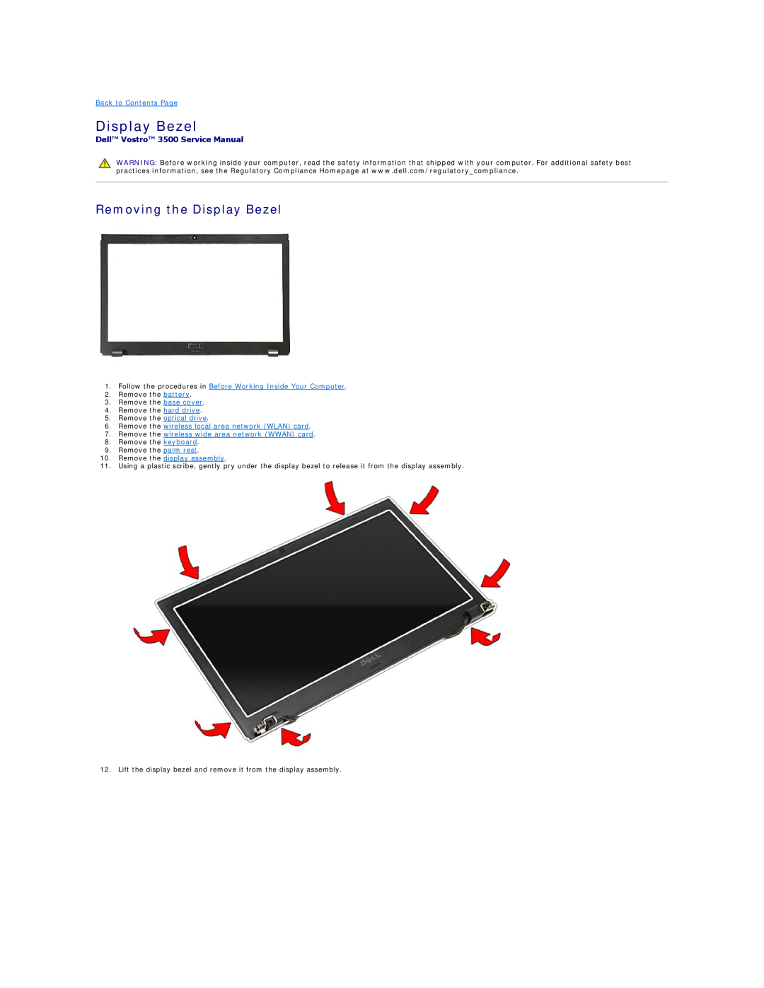 Dell specifications Removing the Display Bezel, Dell Vostro 3500 Service Manual 