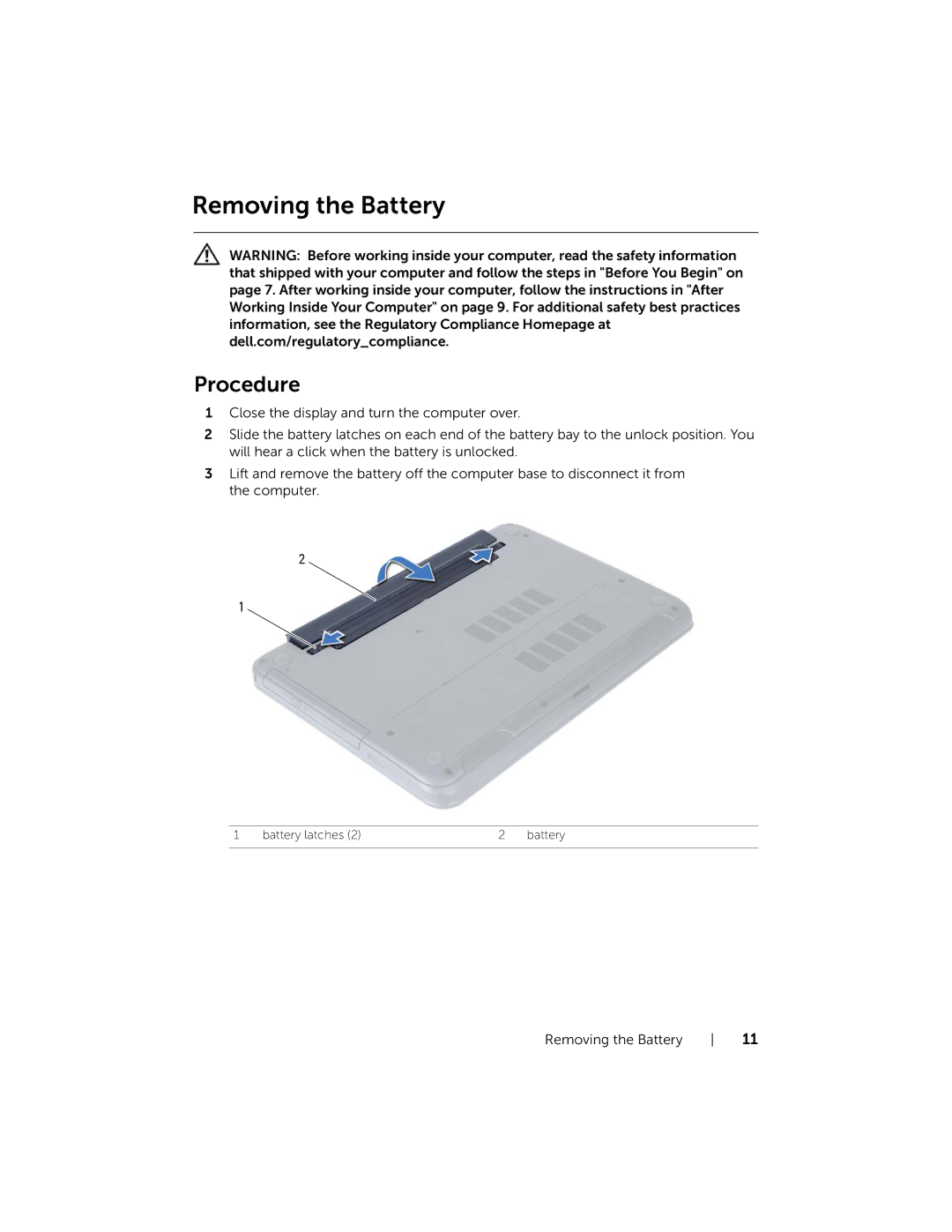 Dell 5521, 3521 manual Removing the Battery, Procedure 