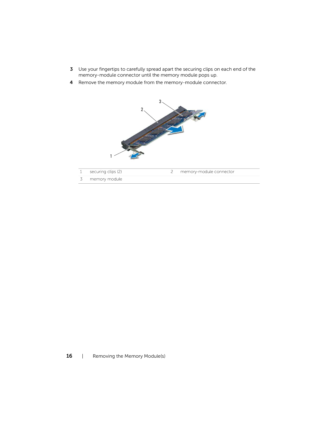 Dell 3521, 5521 manual Securing clips Memory-module connector Memory module 