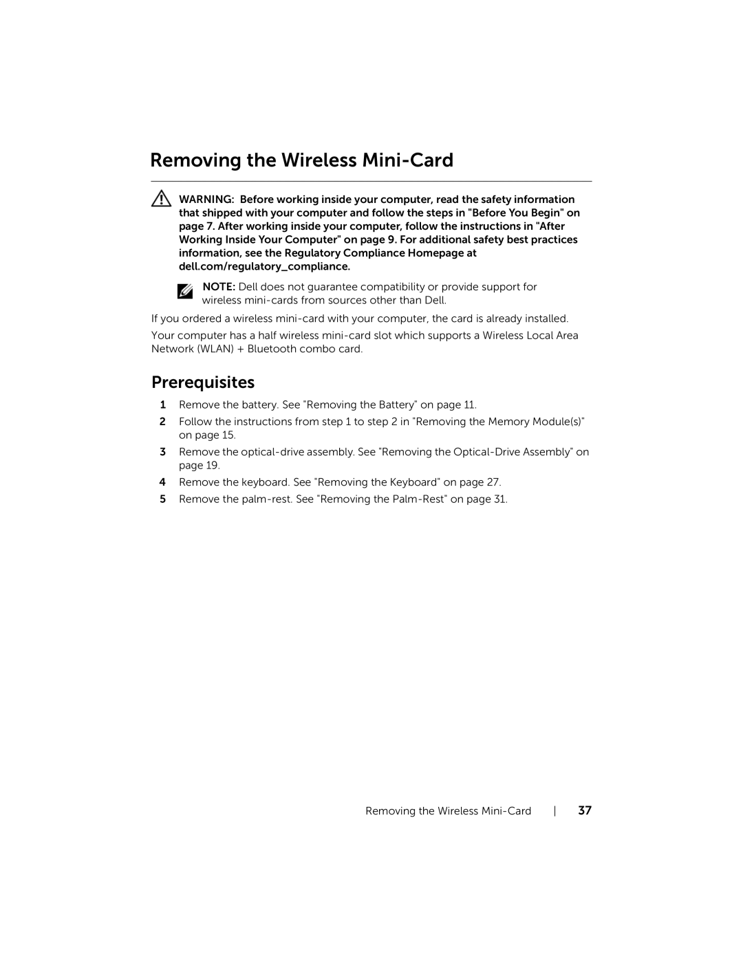 Dell 5521, 3521 manual Removing the Wireless Mini-Card 