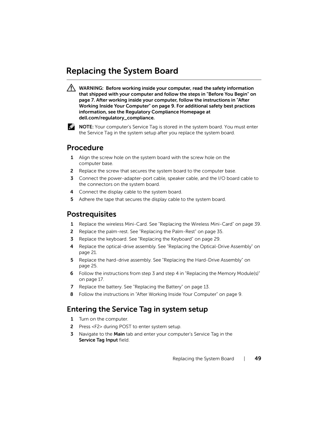 Dell 5521, 3521 manual Replacing the System Board, Entering the Service Tag in system setup 