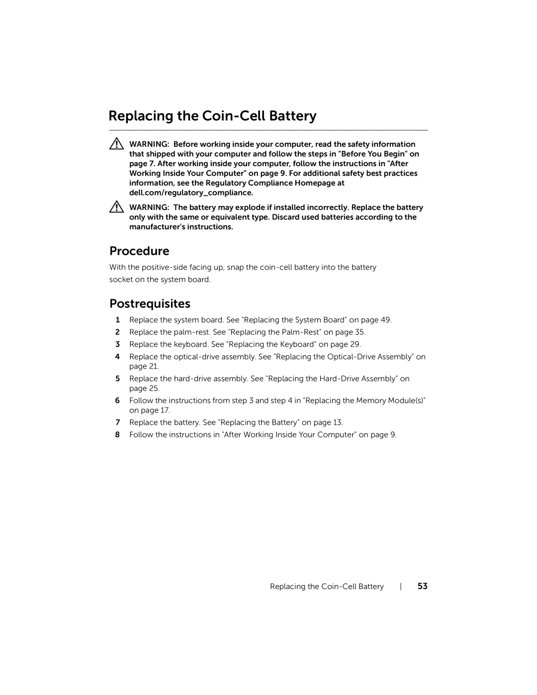 Dell 5521, 3521 manual Replacing the Coin-Cell Battery 