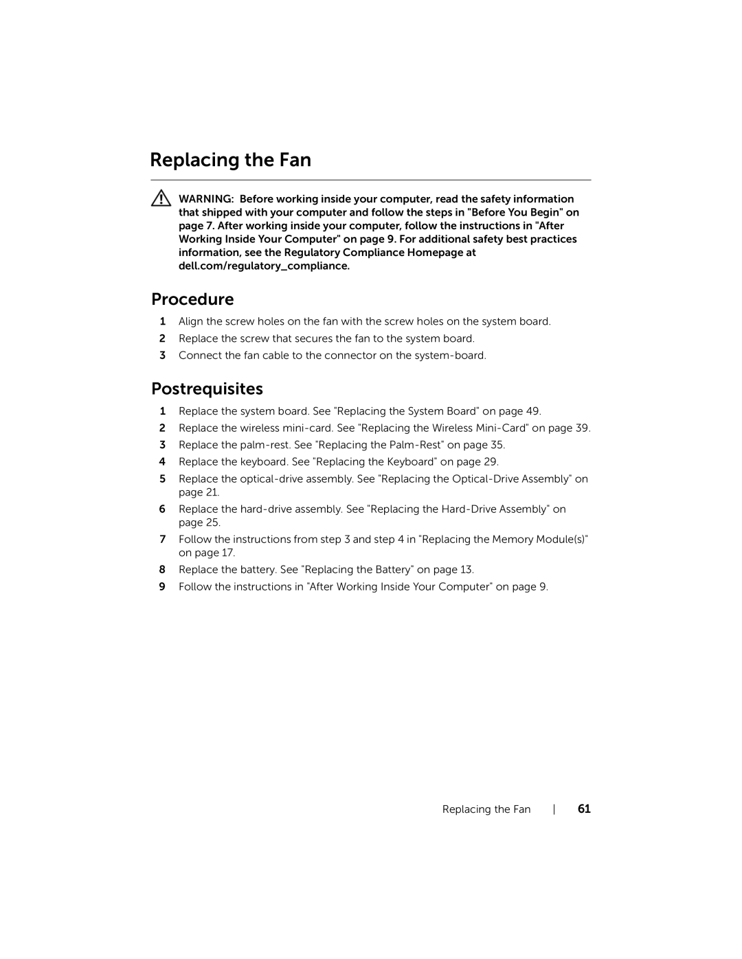 Dell 5521, 3521 manual Replacing the Fan 