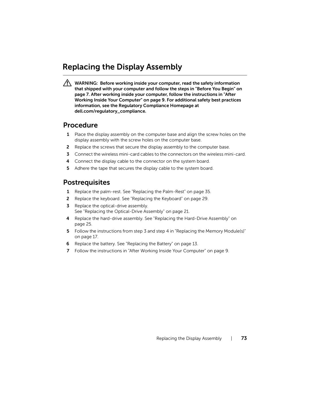 Dell 5521, 3521 manual Replacing the Display Assembly 