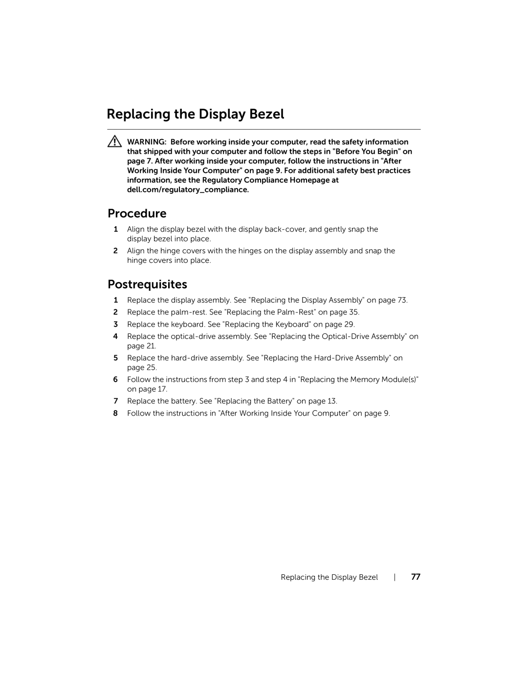 Dell 5521, 3521 manual Replacing the Display Bezel 