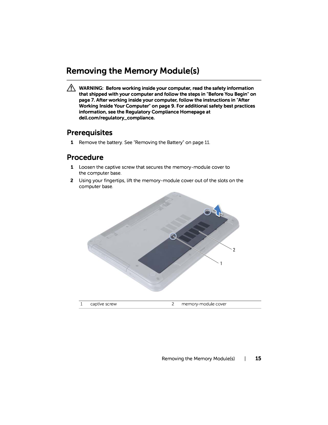 Dell 5521, 3521 manual Removing the Memory Modules, Prerequisites, Procedure, captive screw, memory-module cover 