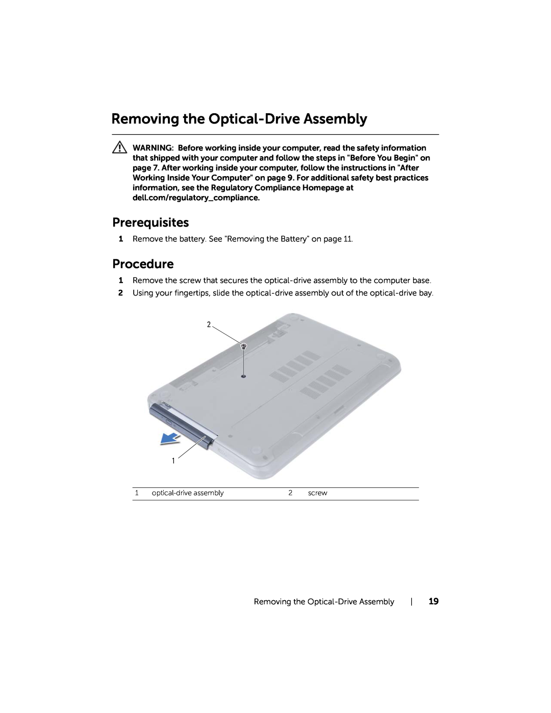 Dell 5521, 3521 manual Removing the Optical-Drive Assembly, Prerequisites, Procedure, optical-drive assembly, screw 