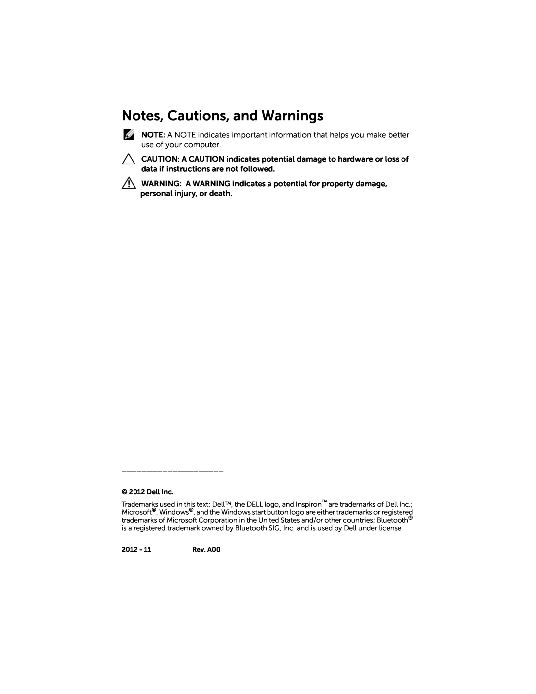 Dell 3521, 5521 manual Notes, Cautions, and Warnings, Dell Inc, 2012 
