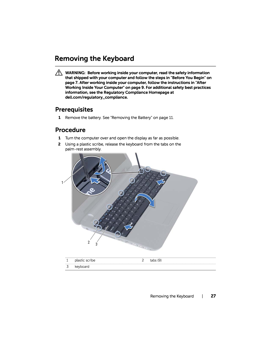 Dell 5521, 3521 manual Removing the Keyboard, Prerequisites, Procedure, plastic scribe, keyboard 