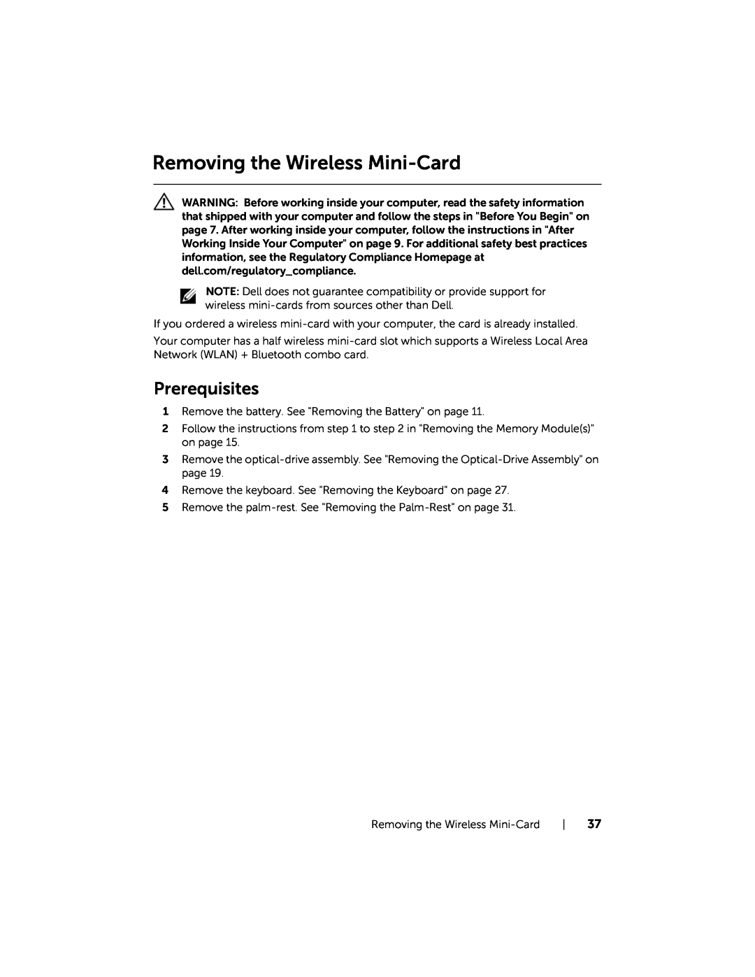 Dell 5521, 3521 manual Removing the Wireless Mini-Card, Prerequisites 
