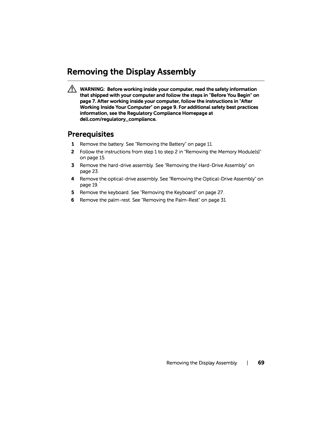 Dell 5521, 3521 manual Removing the Display Assembly, Prerequisites 