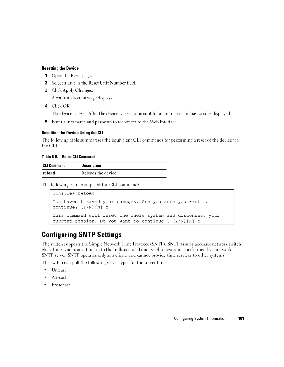 Dell 3548 manual Configuring Sntp Settings, Reload 