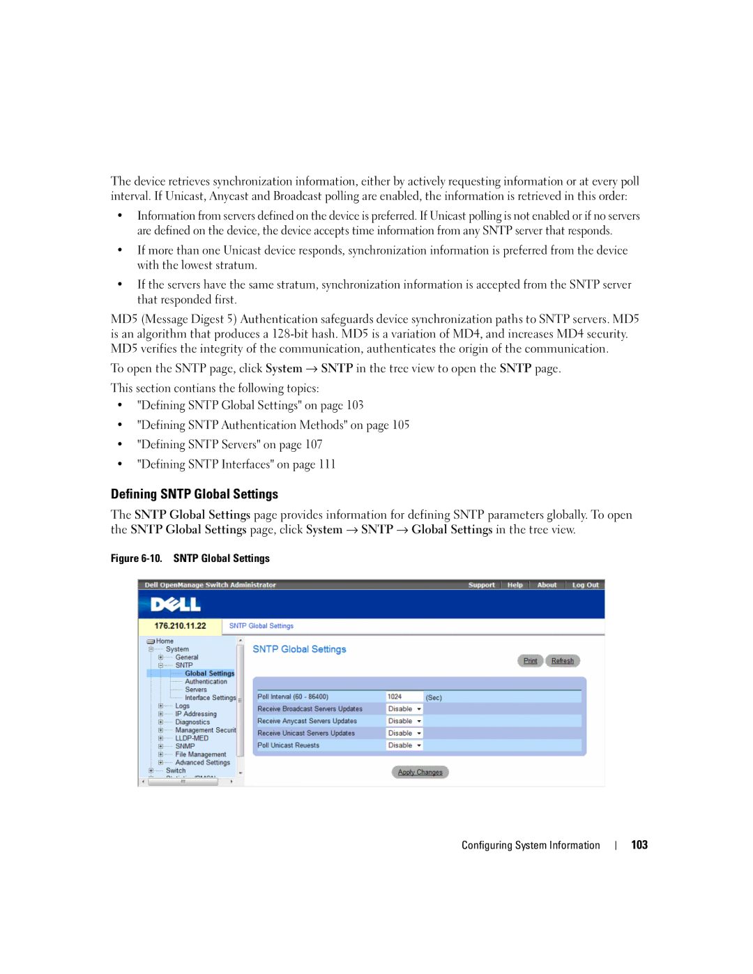 Dell 3548 manual Defining Sntp Global Settings, Sntp Global Settings Configuring System Information 