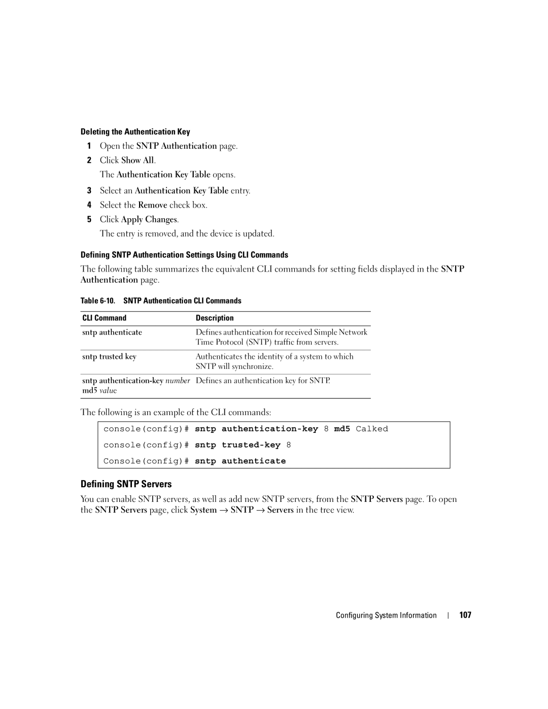 Dell 3548 manual Defining Sntp Servers, Consoleconfig# sntp authentication-key 8 md5 Calked 