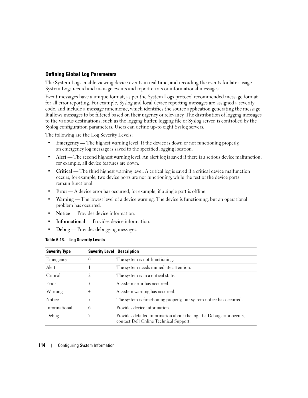 Dell 3548 manual Defining Global Log Parameters 