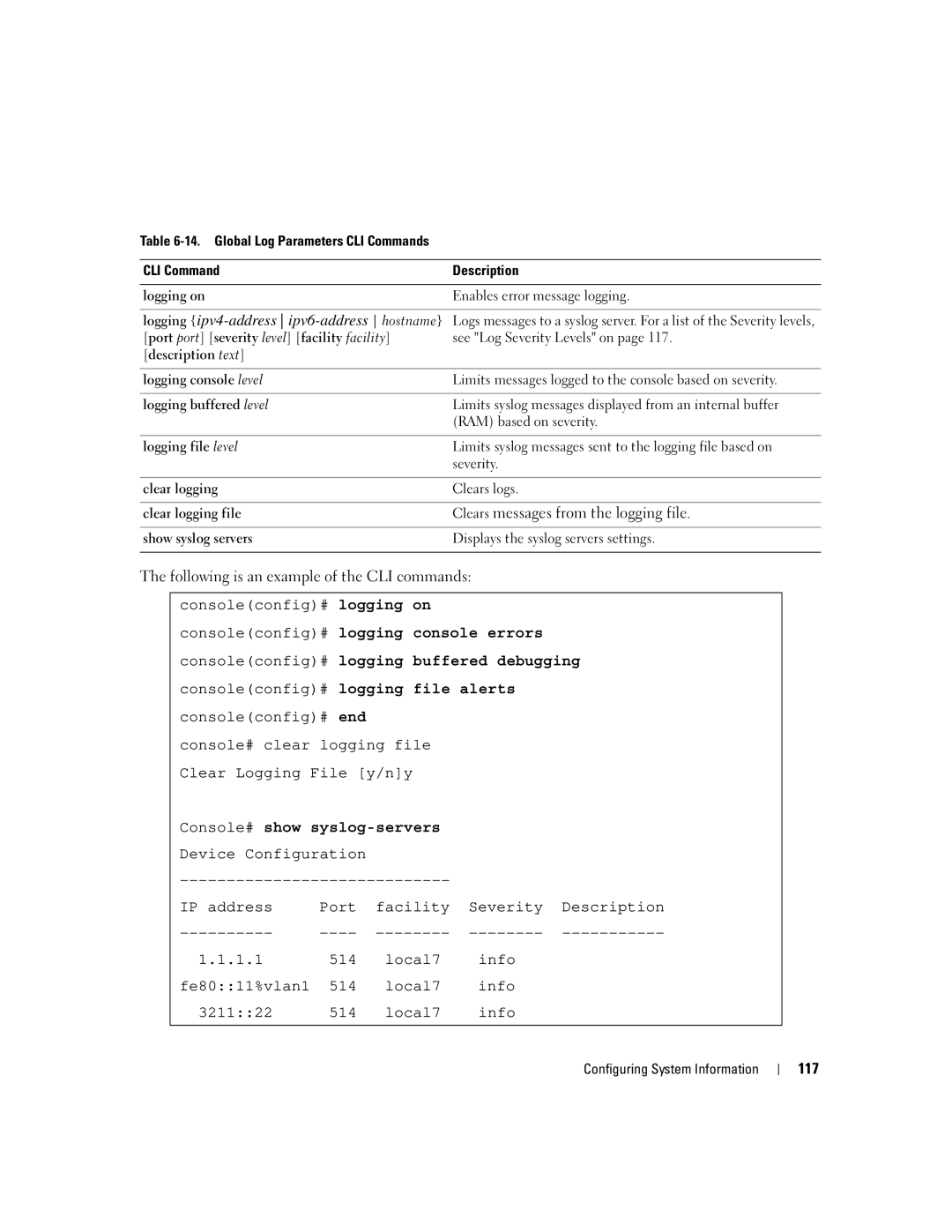 Dell 3548 manual Console# show syslog-servers 