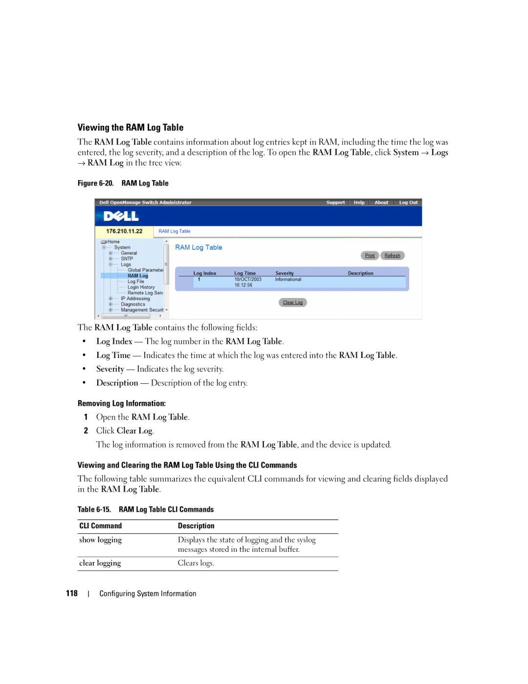 Dell 3548 manual Viewing the RAM Log Table 