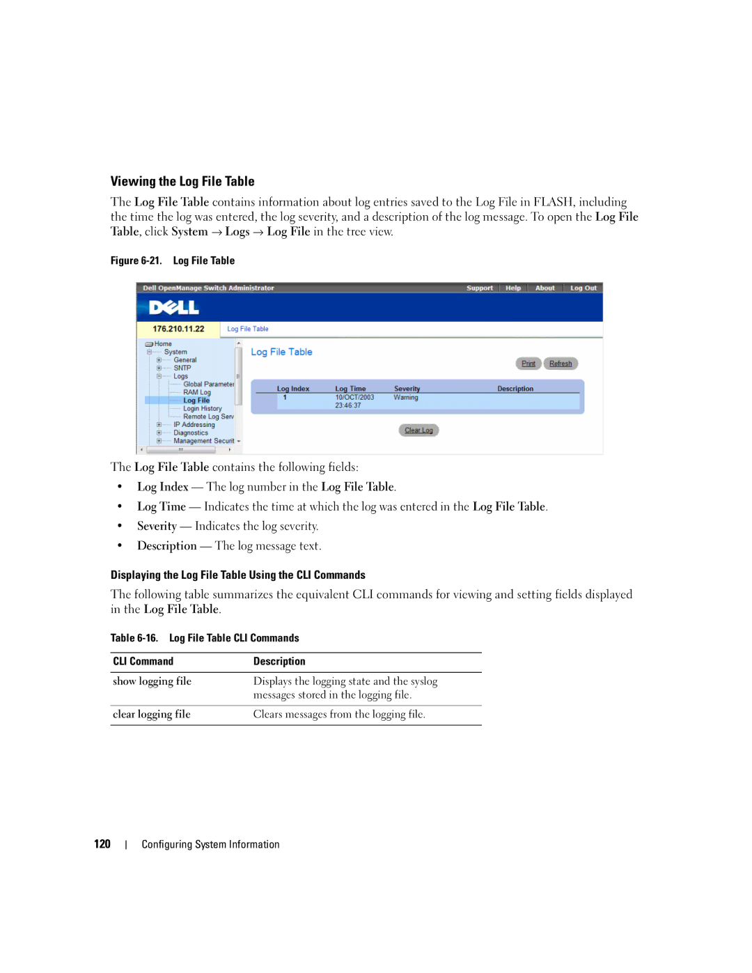 Dell 3548 manual Viewing the Log File Table 