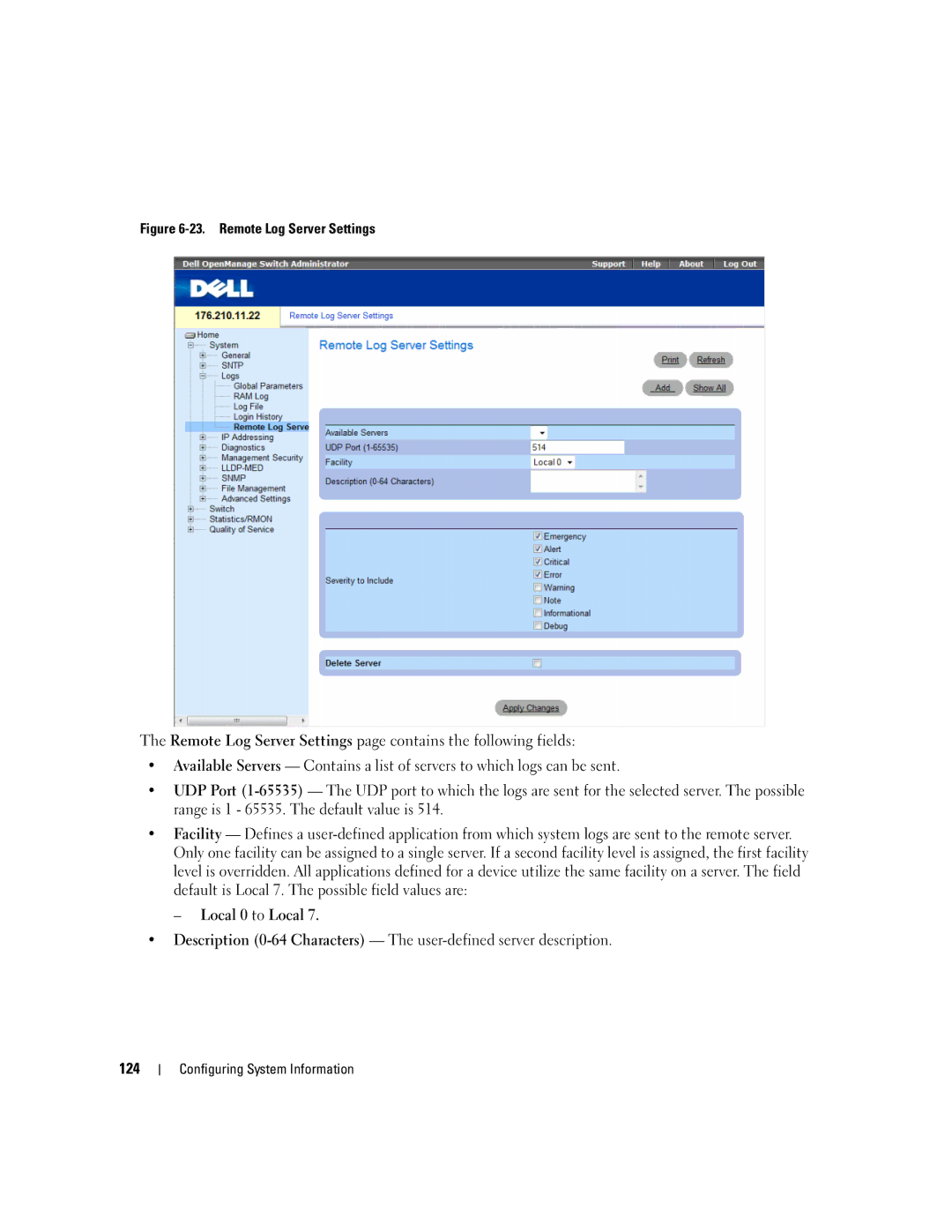 Dell 3548 manual Remote Log Server Settings 