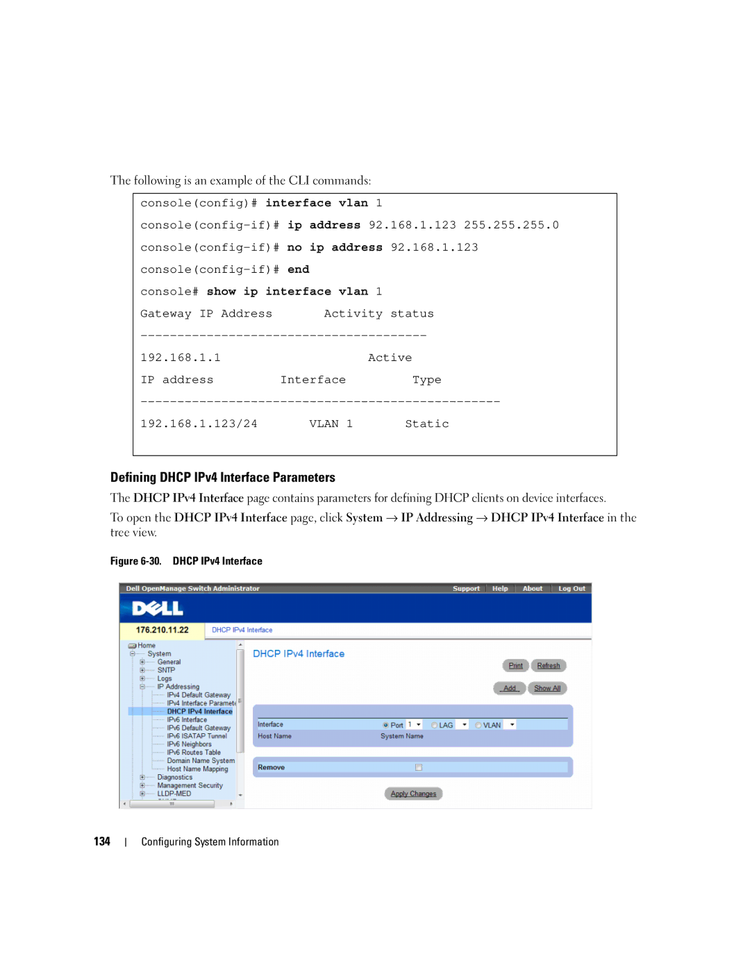 Dell 3548 manual Defining Dhcp IPv4 Interface Parameters, Console# show ip interface vlan 